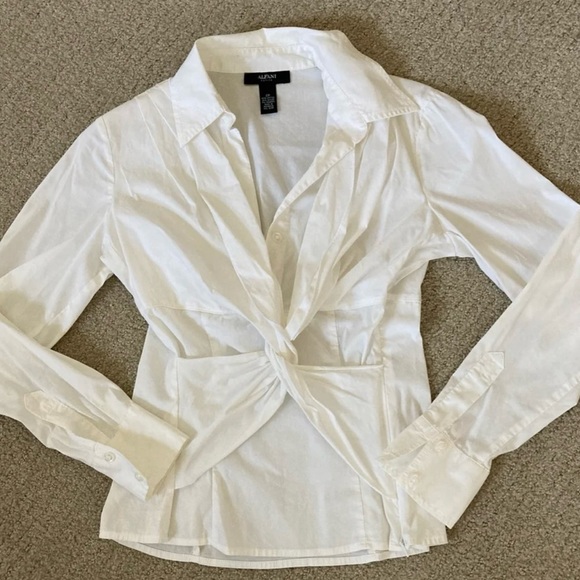Twist Front Alfani Collar Cotton Blend Blouse Knot Front Top side Zip 14 Petite - Picture 2 of 3